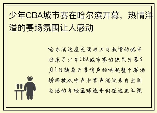 少年CBA城市赛在哈尔滨开幕，热情洋溢的赛场氛围让人感动