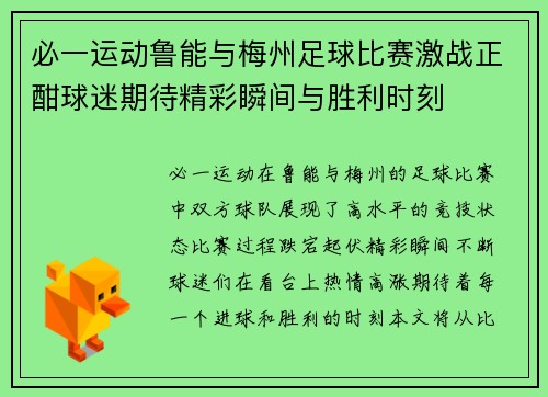 必一运动鲁能与梅州足球比赛激战正酣球迷期待精彩瞬间与胜利时刻